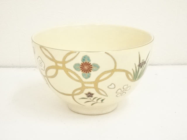 JAPANESE TEA CEREMONY / KYO WARE TEA CHAWAN / IROE / FLOWER / ARTISAN WORK
